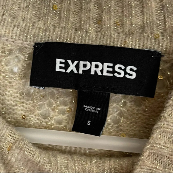 Express Sweater Womens Size Small Gold Tan Loose Knit Balloon Sleeve Sequins - Picture 5 of 8